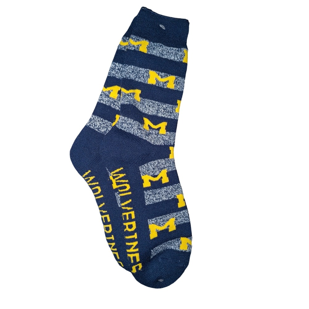 NCAA Michigan Wolverines Women Navy Blue Maize Yellow Block M Striped Crew Socks